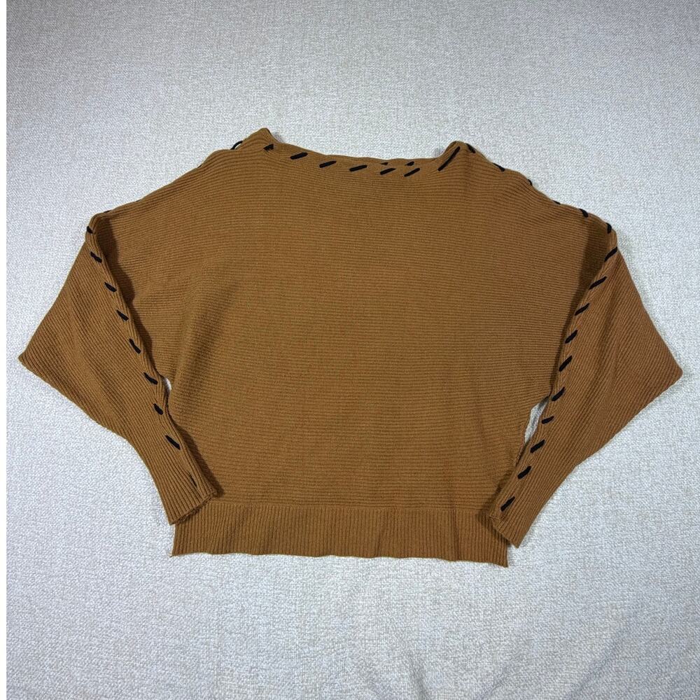 Magaschoni Women Brown Medium Lace Up Ribbed Scoop Neck Sweater Black Stitching